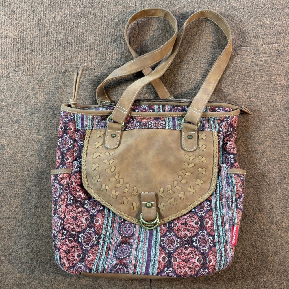 Unionbay Boho Tapestry Tote Bag Brown Red Purple Faux Leather Whipstitch Trim